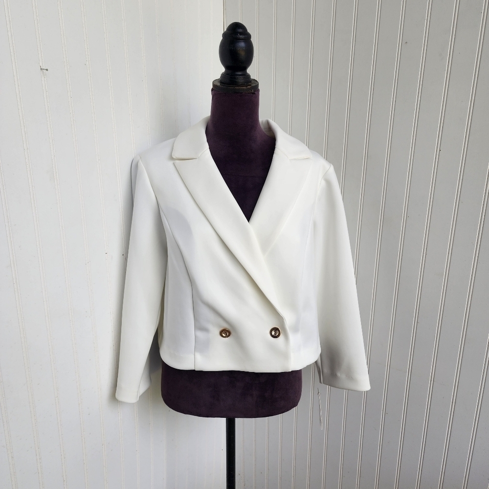 NWT Shelby Palmer Blazer Womens Stretch Ivory Cropped Button Jacket Washable XL